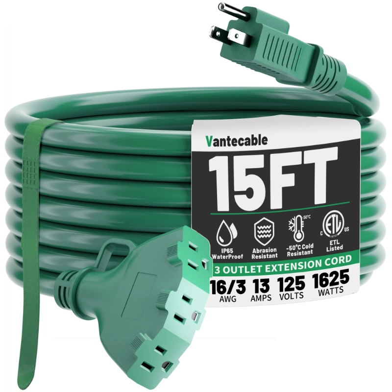 10 FT 16/3 Green Outdoor Extension Cord with Multiple Outlets, 13A 1625W 16AWG SJTW, ETL Listed-Vantecable