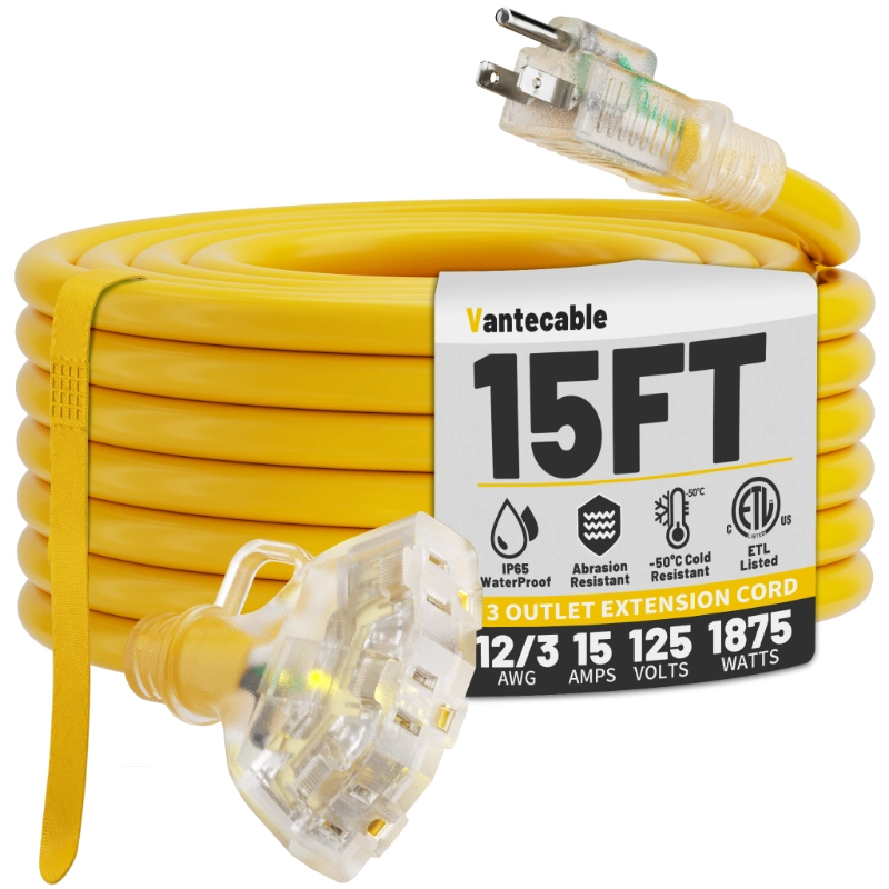 12/3 Gauge Outdoor Extension Cord with Multiple Outlets Light Indicator-Vantecable