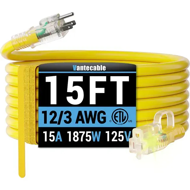 [6ft to 500ft] 12/3 Gauge Heavy Duty Outdoor Extension Cord, with LED Lighted End,yellow,Waterproof,ETL,flexible