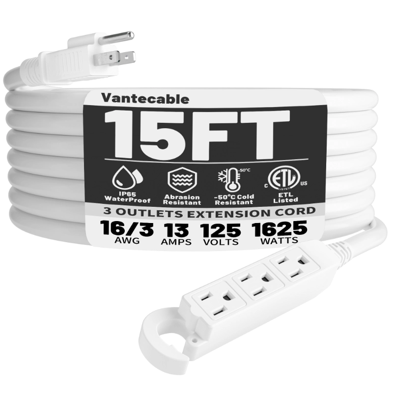 16/3 20 Ft 3 Outlet Extension Cord Outdoor Waterproof-Vantecable