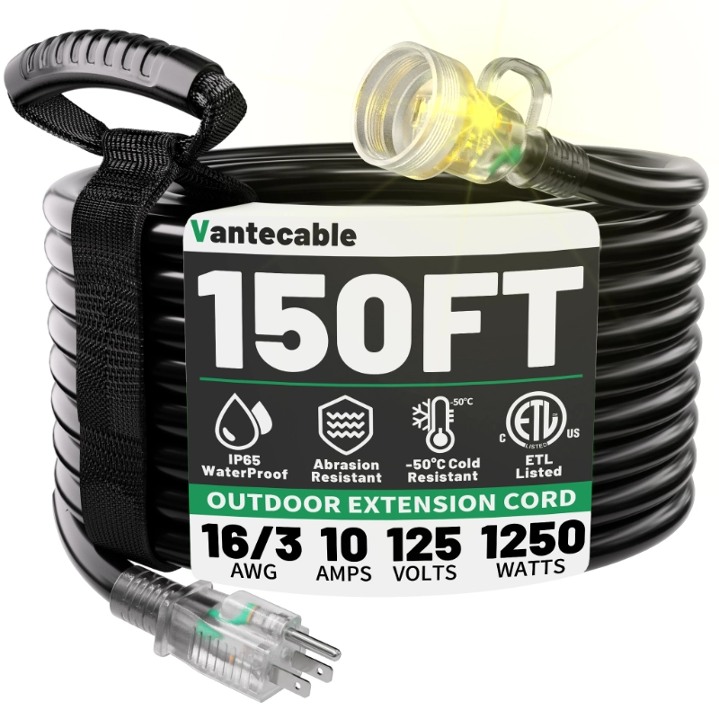 25FT 16 Gauge Black Outdoor Extension Cord Waterproof-Vantecable