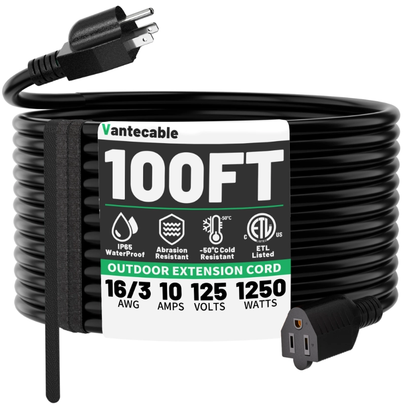 25 FT 16 Gauge Black Indoor Outdoor Extension Cord Waterproof-Vantecable