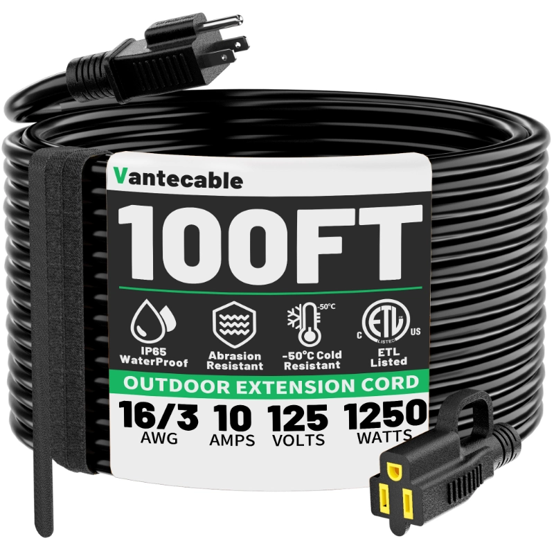 Outdoor Black Extension Cord 50 ft Waterproof,ETL Listed-Vantecable