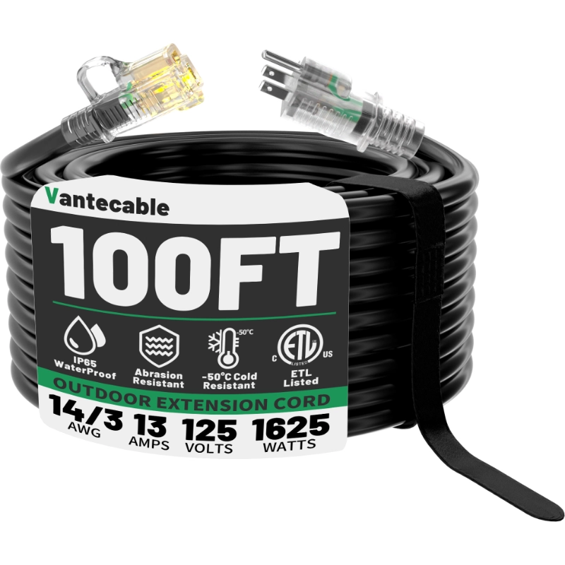14/3 Gauge Black/Yellow Outdoor Extension Cord 50 ft Waterproof with Lighted Indicator-Vantecable