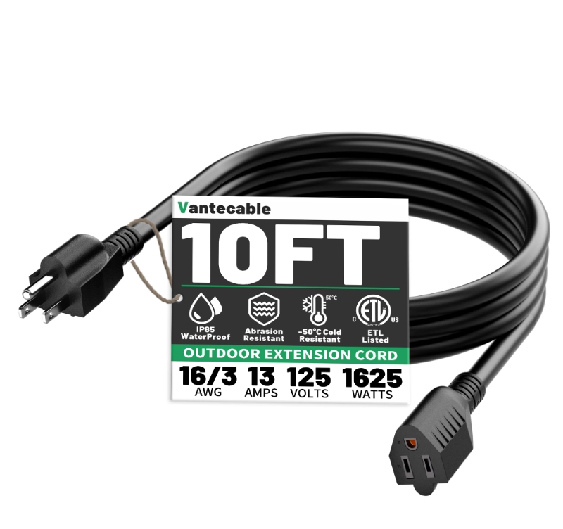 25 FT 16 Gauge Black Indoor Outdoor Extension Cord Waterproof-Vantecable