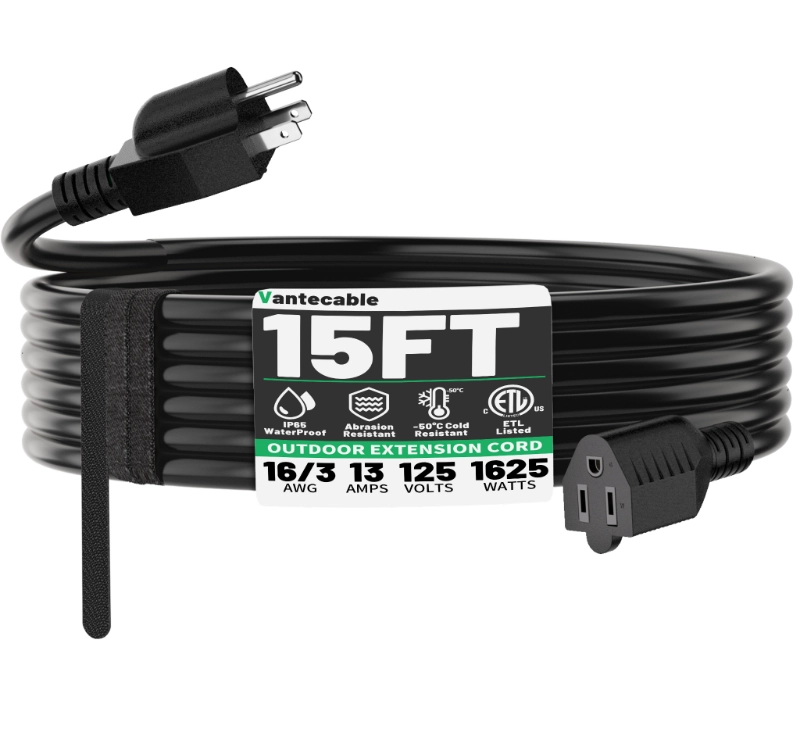 25 FT 16 Gauge Black Indoor Outdoor Extension Cord Waterproof-Vantecable