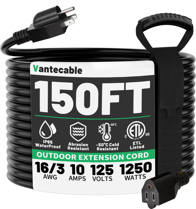 25 FT 16 Gauge Black Indoor Outdoor Extension Cord Waterproof-Vantecable