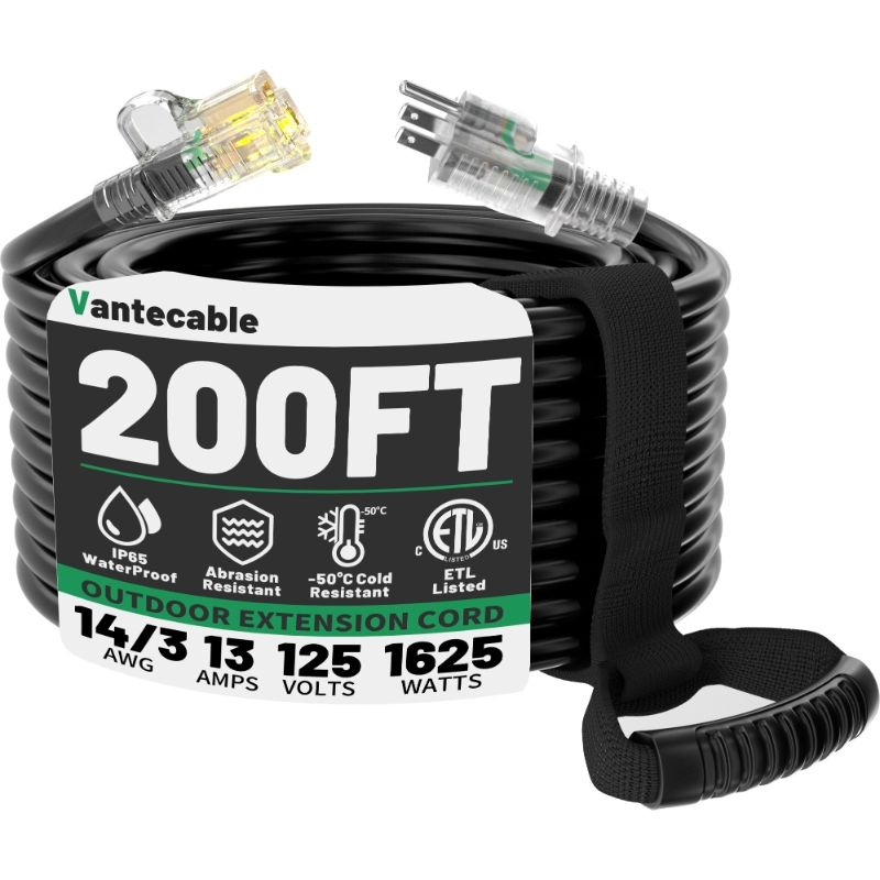 14/3 Gauge Black/Yellow Outdoor Extension Cord 50 ft Waterproof with Lighted Indicator-Vantecable