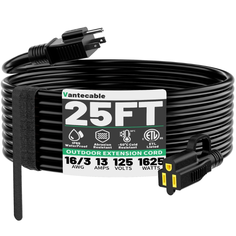 Outdoor Black Extension Cord 50 ft Waterproof,ETL Listed-Vantecable