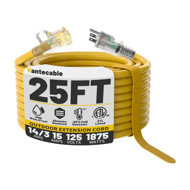 14/3 Gauge Black/Yellow Outdoor Extension Cord 50 ft Waterproof with Lighted Indicator