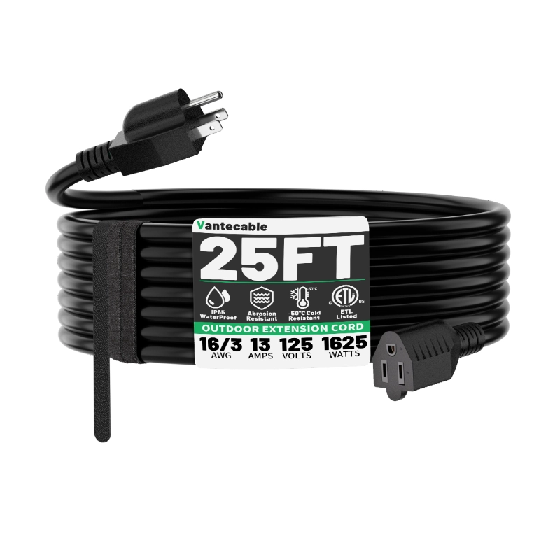 25 FT 16 Gauge Black Indoor Outdoor Extension Cord Waterproof