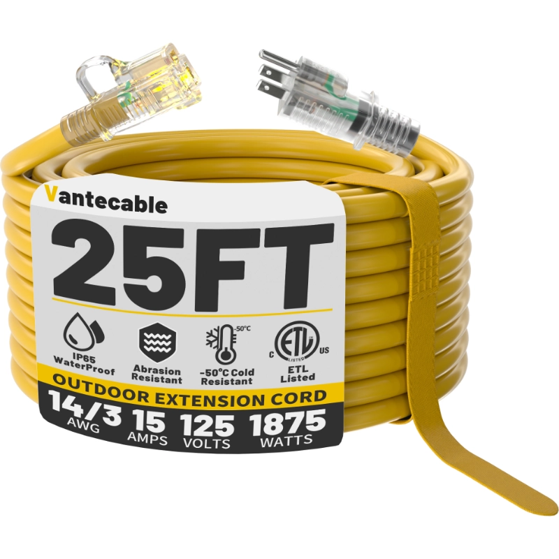 14/3 Gauge Black/Yellow Outdoor Extension Cord 50 ft Waterproof with Lighted Indicator-Vantecable