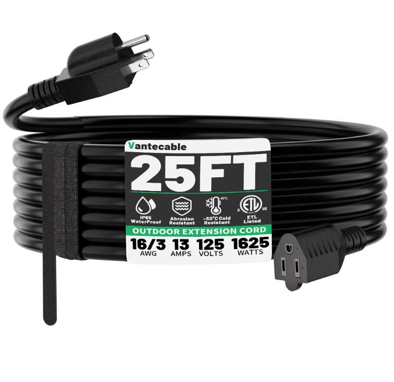 25 FT 16 Gauge Black Indoor Outdoor Extension Cord Waterproof-Vantecable