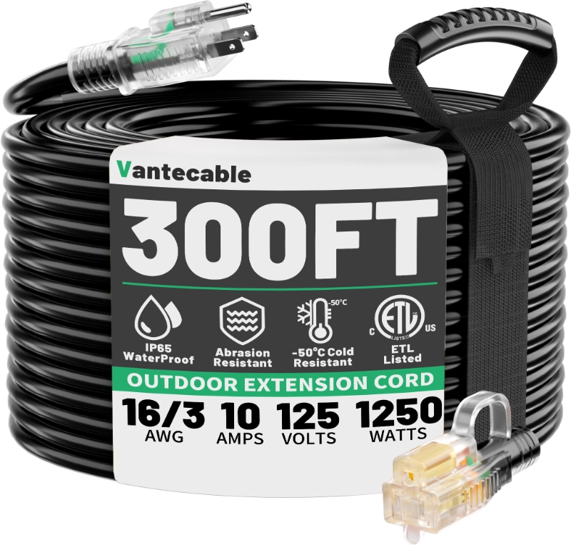 25 FT 16 Gauge Black Indoor Outdoor Extension Cord Waterproof-Vantecable