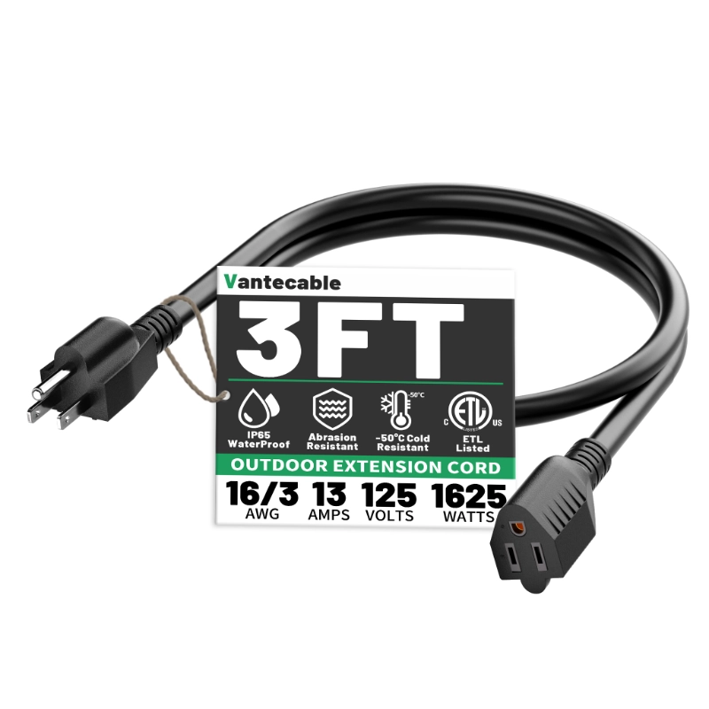 25 FT 16 Gauge Black Indoor Outdoor Extension Cord Waterproof-Vantecable