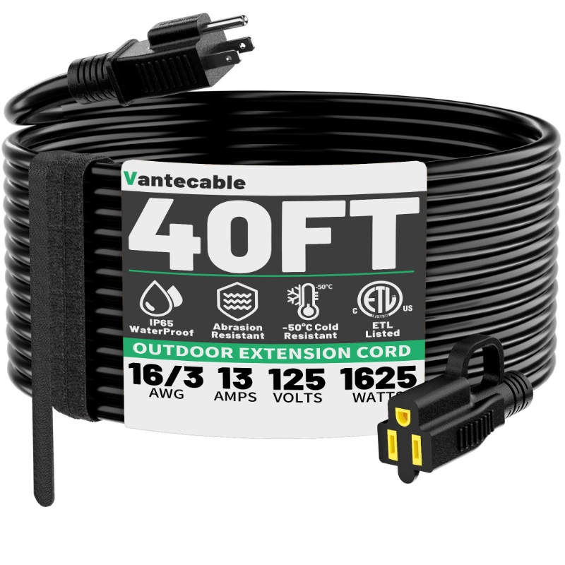 Outdoor Black Extension Cord 50 ft Waterproof,ETL Listed-Vantecable
