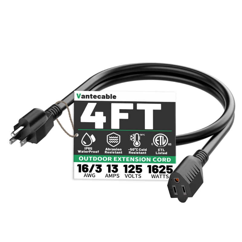 25 FT 16 Gauge Black Indoor Outdoor Extension Cord Waterproof-Vantecable