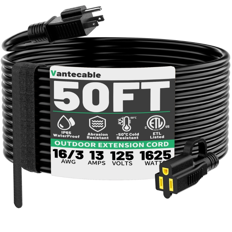 Outdoor Black Extension Cord 50 ft Waterproof,ETL Listed-Vantecable