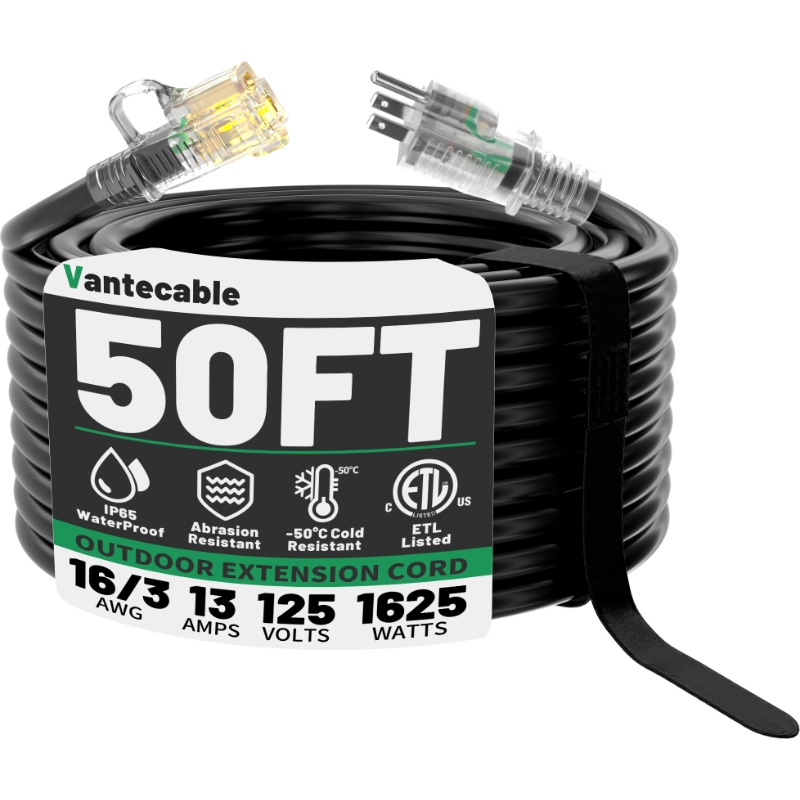 16/3 Gauge Black Outdoor Extension Cord 50 ft Waterproof with Lighted Indicator