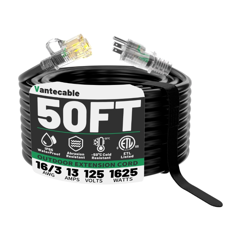 16/3 Gauge Black Outdoor Extension Cord 50 ft Waterproof with Lighted Indicator