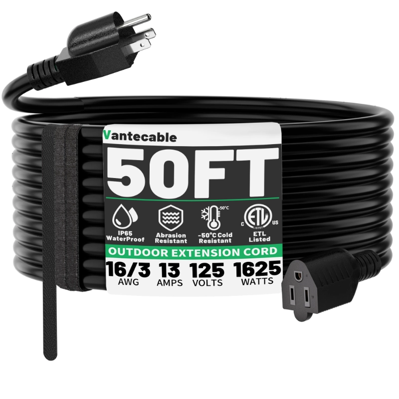 25 FT 16 Gauge Black Indoor Outdoor Extension Cord Waterproof-Vantecable