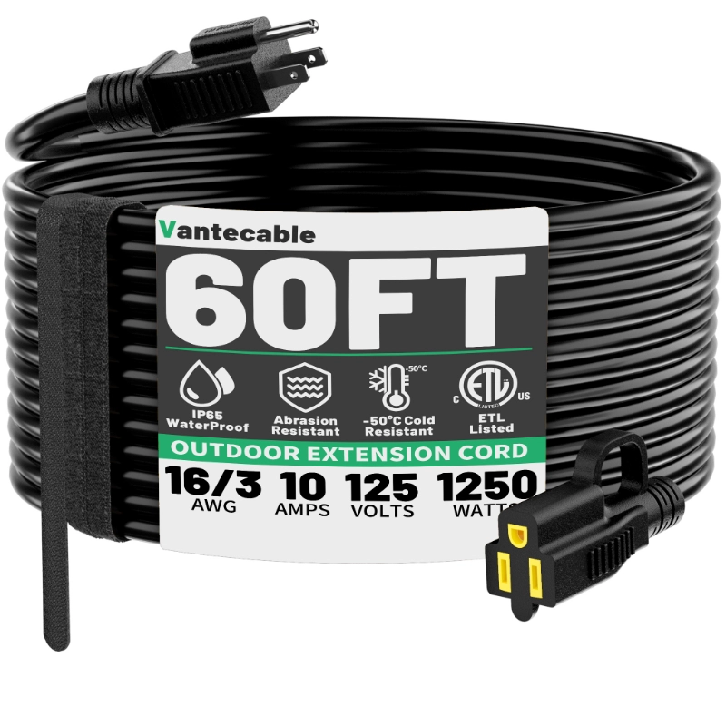 Outdoor Black Extension Cord 50 ft Waterproof,ETL Listed-Vantecable
