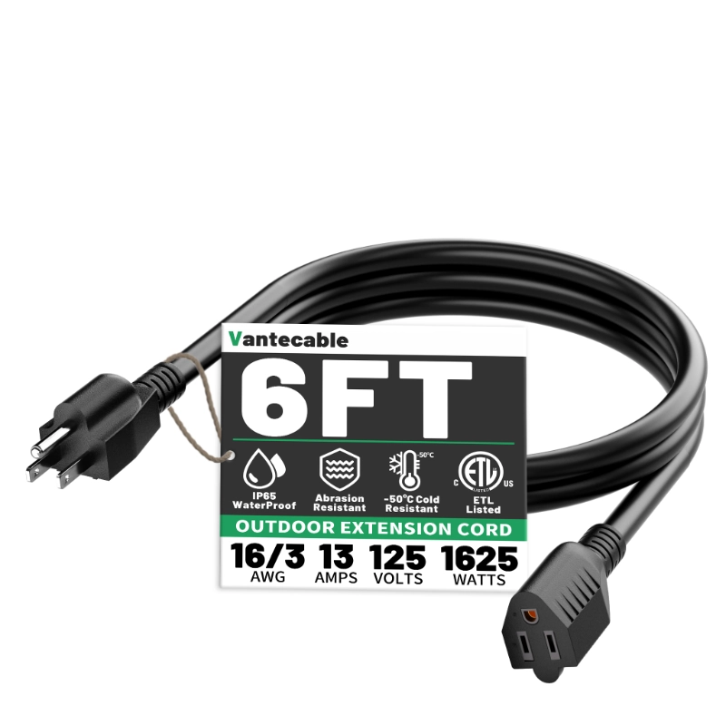 25 FT 16 Gauge Black Indoor Outdoor Extension Cord Waterproof-Vantecable