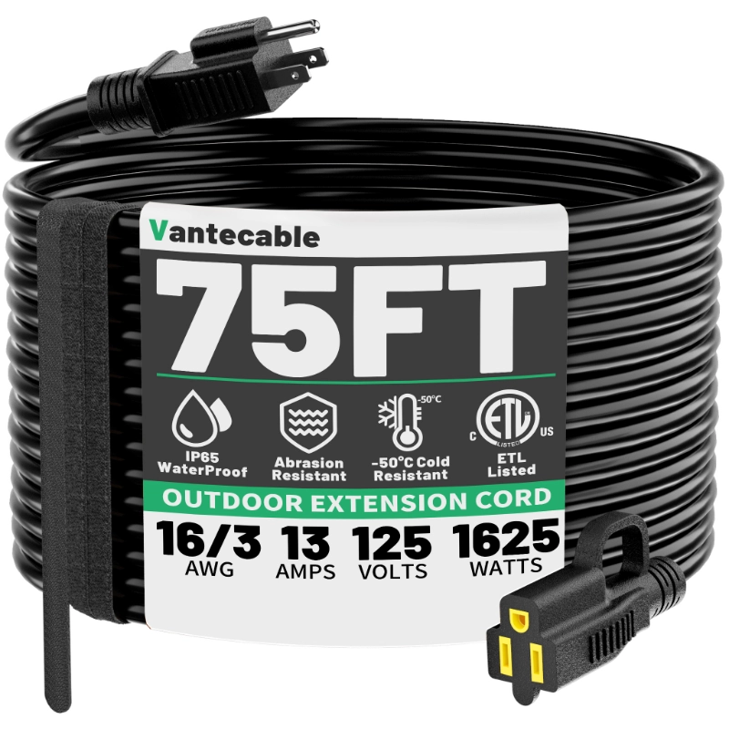 Outdoor Black Extension Cord 50 ft Waterproof,ETL Listed-Vantecable