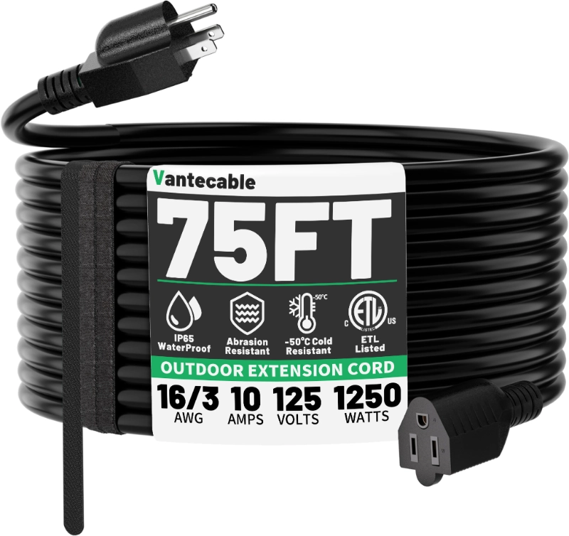 25 FT 16 Gauge Black Indoor Outdoor Extension Cord Waterproof-Vantecable