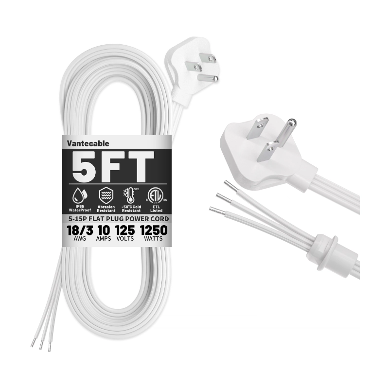 Vantecable 5ft 2 Pack 18/3 White Flat Plug Replacement Extension Cord