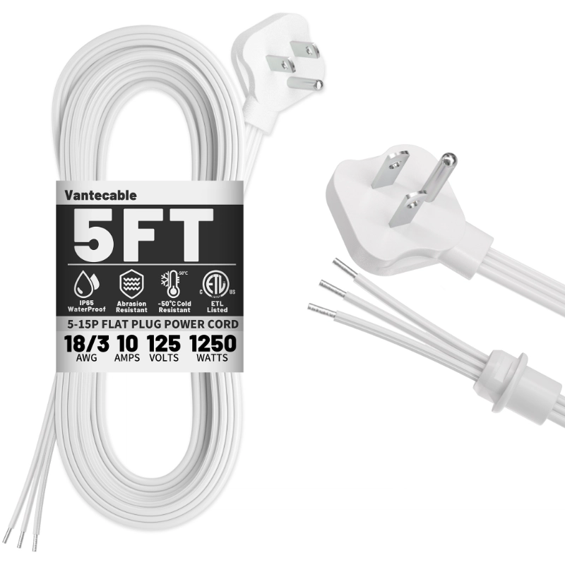 Vantecable 5ft 2 Pack 18/3 White Flat Plug Replacement Extension Cord-Vantecable