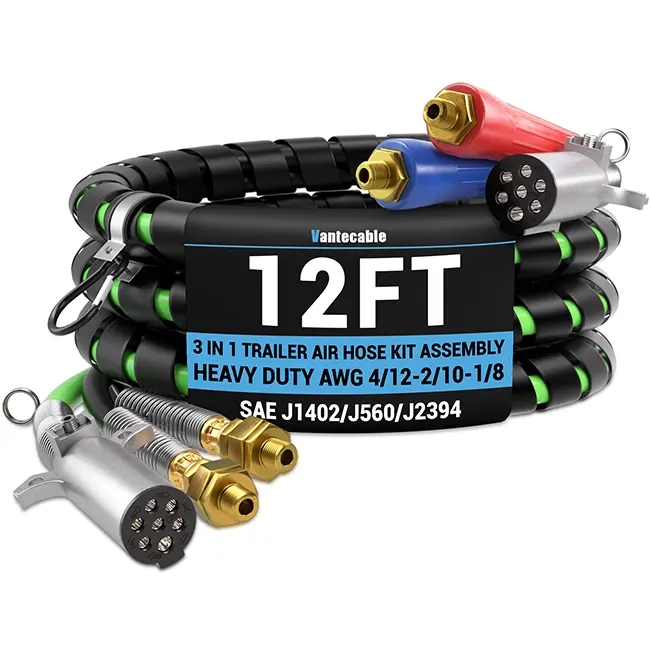 12FT Semi Truck Air Lines Kit with 2PCS Glad Hands, 3-in-1 Air Hoses & 7 Way ABS Electric Power Line, with 2PCS Gladhand Handles, 4PCS Seals and Tender Spring Kit for Semi Truck Trailer Tractor Vantecable