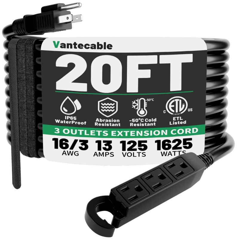 16/3 20 Ft 3 Outlet Extension Cord Outdoor Waterproof-Vantecable