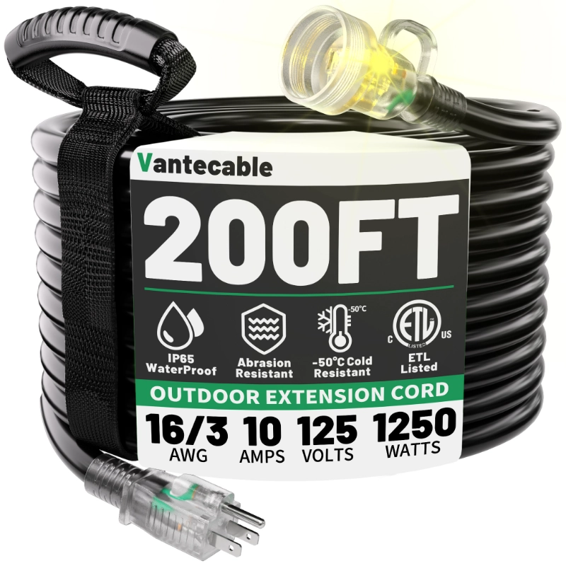 25FT 16 Gauge Black Outdoor Extension Cord Waterproof-Vantecable