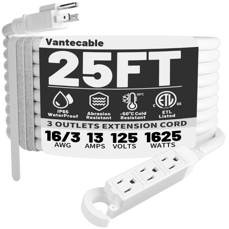 16/3 20 Ft 3 Outlet Extension Cord Outdoor Waterproof-Vantecable