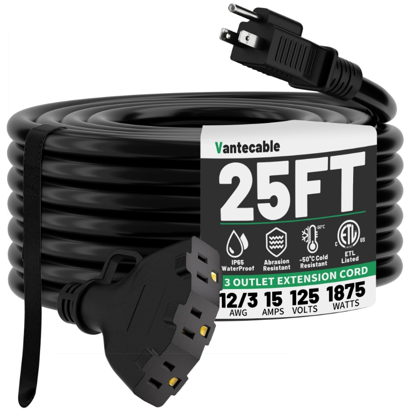 15 FT 12/3 Gauge Outdoor Extension Cord with Multiple Outlets-Vantecable