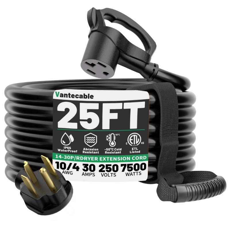 30 AMP 4 Prong Dryer Cord 25 FT Outdoor Black, 10/4 Gauge Dryer Extension Cord Heavy Duty-Vantecable