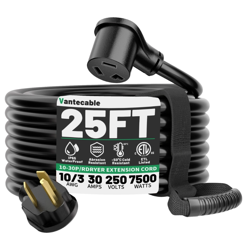 30 AMP 3 Prong Dryer Cord 25 FT Outdoor Black, 10/3 Gauge Dryer Extension Cord Heavy Duty-Vantecable
