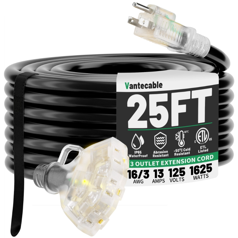 100 FT 16/3 Gauge Outdoor Extension Cord with Multiple Outlets Light Indicator-Vantecable