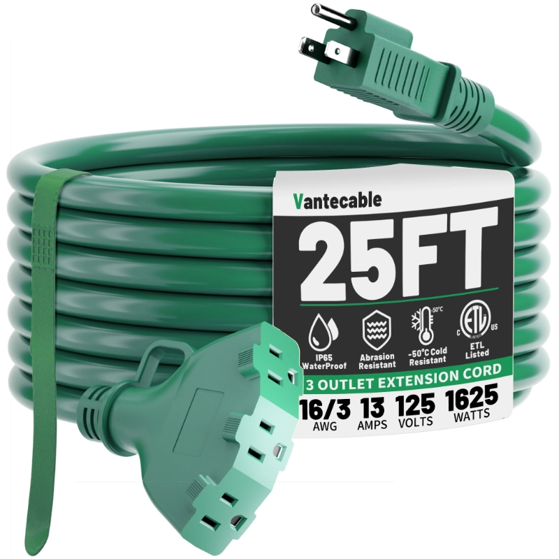 10 FT 16/3 Green Outdoor Extension Cord with Multiple Outlets, 13A 1625W 16AWG SJTW, ETL Listed-Vantecable