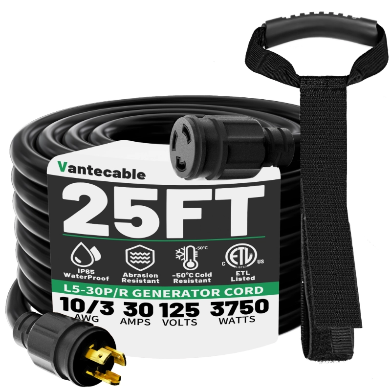 3 Prong 30 Amp Generator Cord 25 Feet Heavy Duty,NEMA L5-30P/L5-30R 10 Gauge-Vantecable