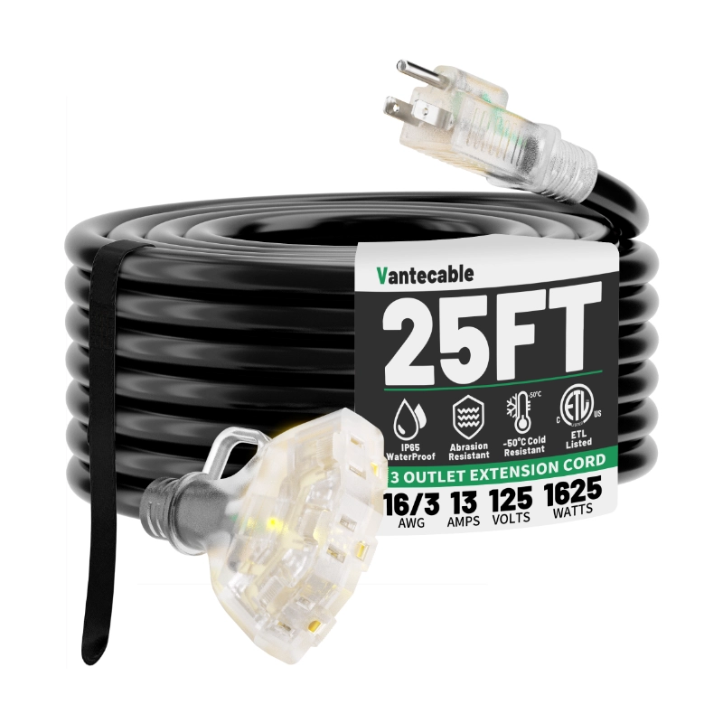 100 FT 16/3 Gauge Outdoor Extension Cord with Multiple Outlets Light Indicator