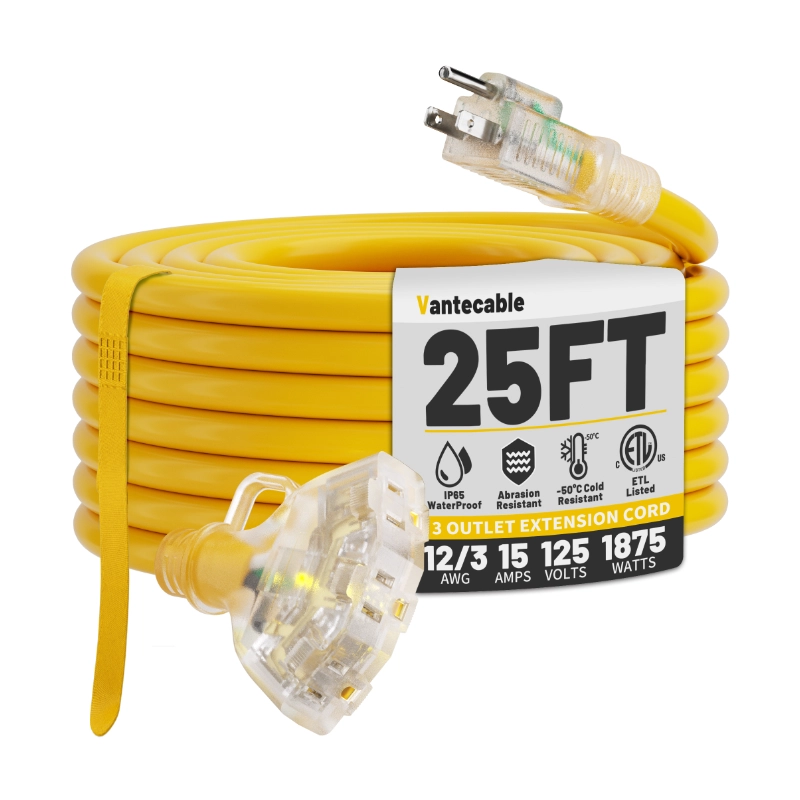 12/3 Gauge Outdoor Extension Cord with Multiple Outlets Light Indicator