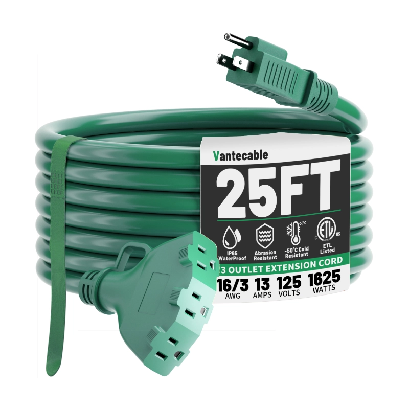 10 FT 16/3 Green Outdoor Extension Cord with Multiple Outlets, 13A 1625W 16AWG SJTW, ETL Listed