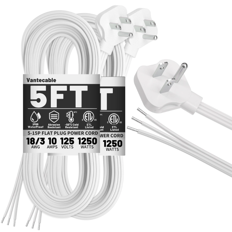 Vantecable 5ft 2 Pack 18/3 White Flat Plug Replacement Extension Cord-Vantecable