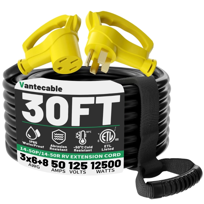 [10ft to 100ft] 6/3+8/1 Gauge 50 Amp RV/EV Extension Cord, NEMA 14-50P to 14-50R Heavy Duty Outdoor Power Cable with Grip Handle