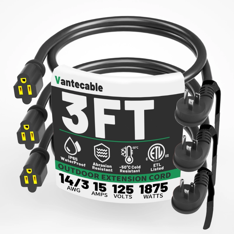 14 Gauge 3 Feet (3 Pack) Flat Plug Extension Cord Black Indoor Outdoor-Vantecable