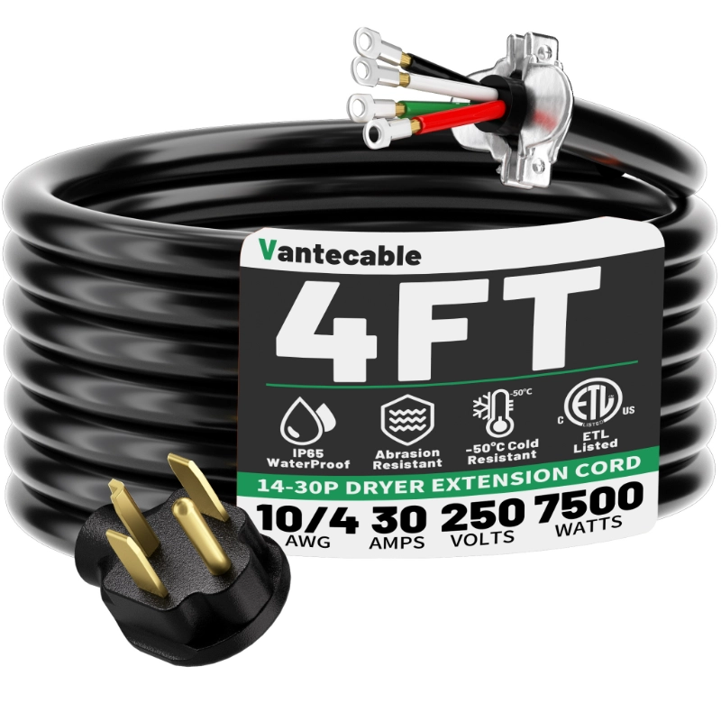 4 Prong Dryer Cord 30 AMP Black, 10/4 Gauge Dryer Extension Cord Heavy Duty-Vantecable