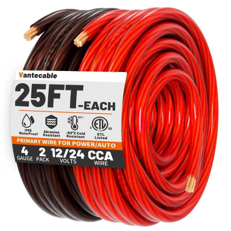 8/4/0 Gauge 25ft Each-Black/Red CCA Wire-Vantecable
