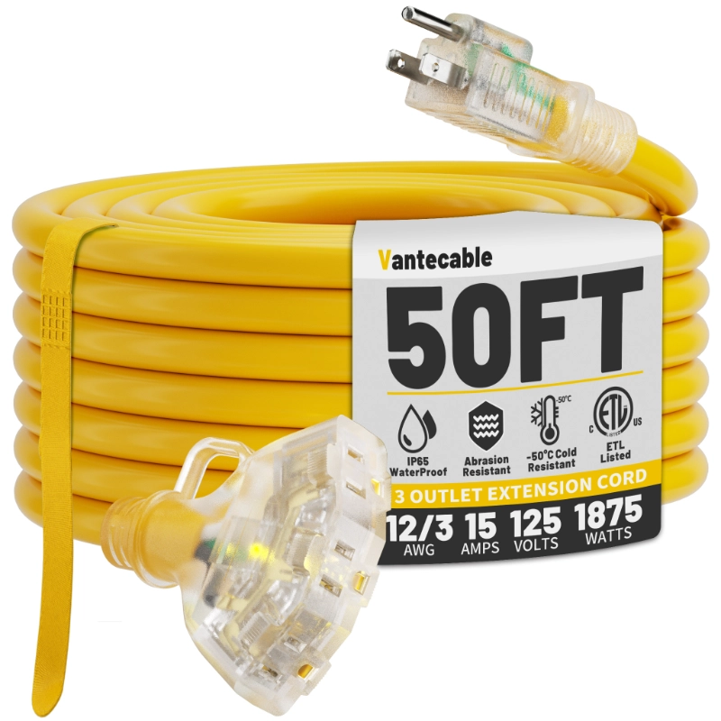 12/3 Gauge Outdoor Extension Cord with Multiple Outlets Light Indicator-Vantecable